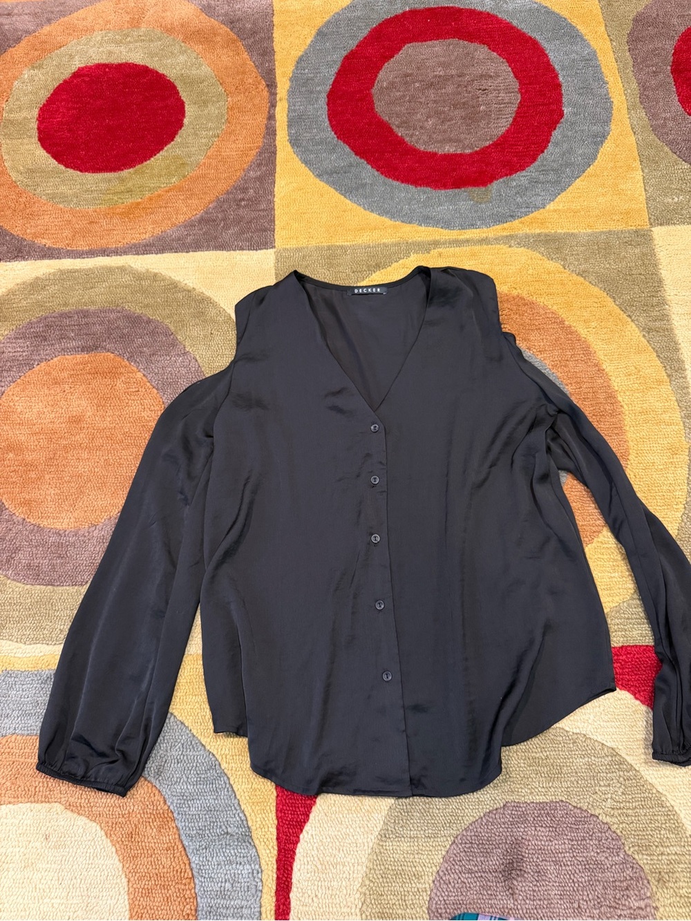 Decker Black Blouse Long Sleeve V Neck Button Down Shirt Cold Shoulder Size L